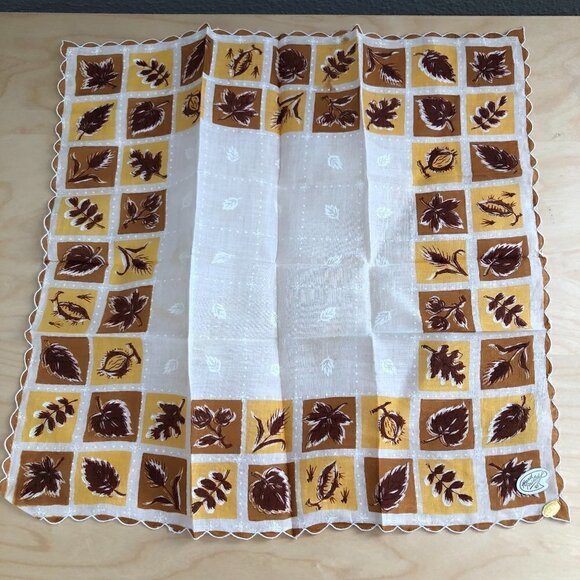 Vintage Hand Printed Golden Leaves Handkerchief - Picture 1 of 5